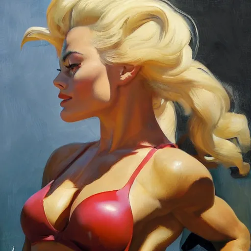 Image similar to greg manchess portrait painting of margot robbie with closed eyes as beautiful thick female bodybuilder zarya from overwatch, medium shot, asymmetrical, profile picture, organic painting, sunny day, matte painting, bold shapes, hard edges, street art, trending on artstation, by huang guangjian and gil elvgren and sachin teng