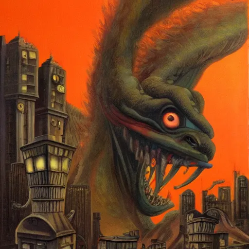 Image similar to by ernie barnes, by nicolas mignard flickr, cinnabar cosy, rigorous. a beautiful painting of a large, orange monster looming over a cityscape. the monster has several eyes & mouths, & its body is covered in spikes. it seems to be coming towards the viewer, who is looking up at it in fear.