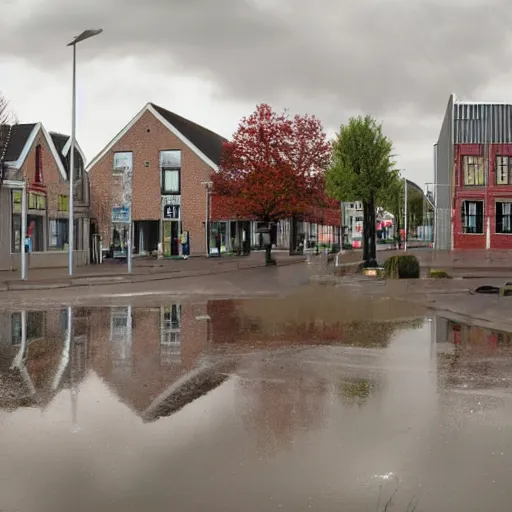 Prompt: hoogveen town center, overcast, photoreal, still from the movie batman