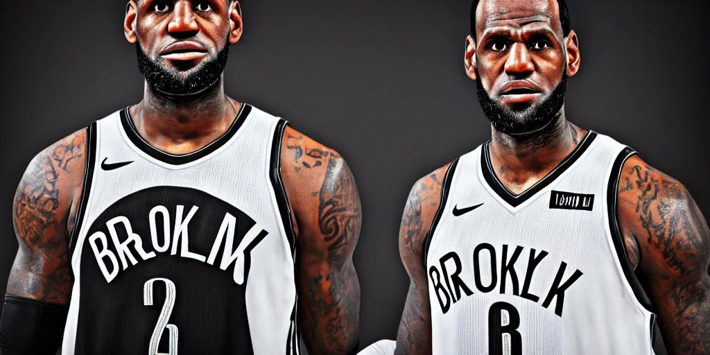 Image similar to photograph of lebron james in a brooklyn nets jersey portrait black background