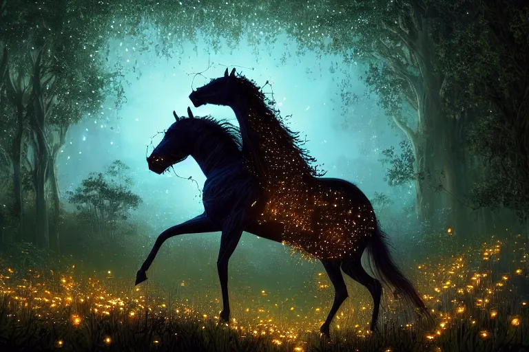 Image similar to a stunning swarm of fireflies forming a horse with a thick mane of bioluminescent vines and flowers running through the woods by greg rutkowski, high key lighting, volumetric light, digital art, highly detailed, fine detail, intricate, ornate, complex, octane render, unreal engine, photorealistic