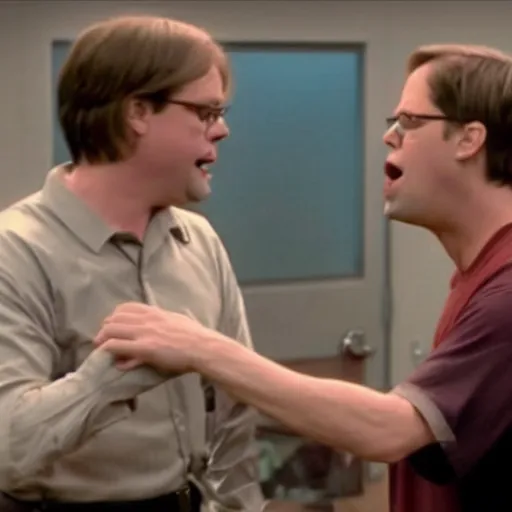 Prompt: A still of Dwight Schrute choking Bart in a cross-over episode