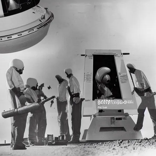 Image similar to alien carpenters disembarking ufo to use pneumatic nail gun to fasten trim moulding, traditional photography