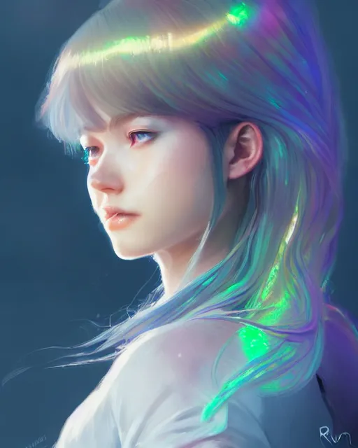 Image similar to side portrait of an innocent lost college girl, magic school uniform, light iridescent hair color, large messy hair style, fantasy, intricate, sharp focus, lens flare, bloom, rim light, illustration, highly detailed, digital painting, concept art, matte, art by ruan jia