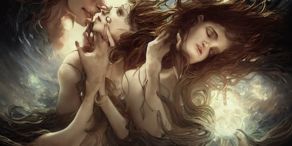 Prompt: broken heart in silence, masterpiece, cinematic, powerful, moon beams dramatic light, highly, intricate elements, hollow souls, detailed, digital painting, artstation, concept art, sharp focus, contrasty, illustration, art by artgerm and greg rutkowski and alphonse mucha, mitch foust, elaborate composition, intricate story