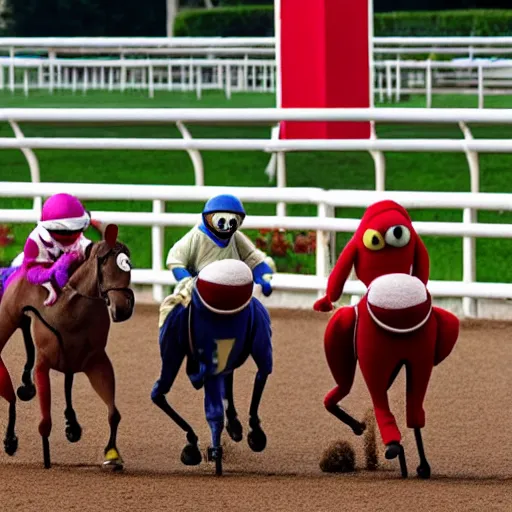 Image similar to Muppets as Jockeys horse racing