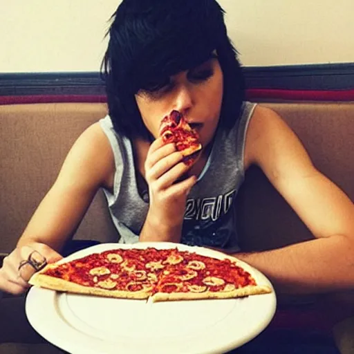 Prompt: “an emo femmeboi eating pizza and Cheerios for lunch”