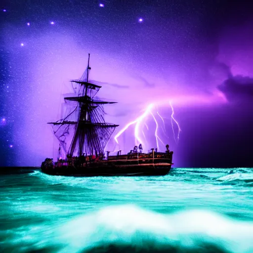 Image similar to purple color lighting storm with stormy sea, pirate ship firing its cannons real life trippy nebula sky 50mm shot