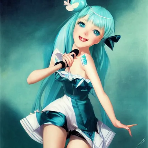 Image similar to Hatsune Miku by Gil Elvgren and Daniela Uhlig