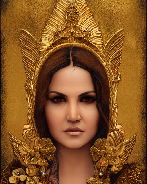 Image similar to concept art, sunny leone as an angel woman, beautiful, frank frazetta, ornate, art nouveau, symmetrical, gold jewelry, high contrast, unbiased render, Emil melmoth, eerie, haunting, victorian, 8k, octane render, style of Gustav Klimt, head and shoulders