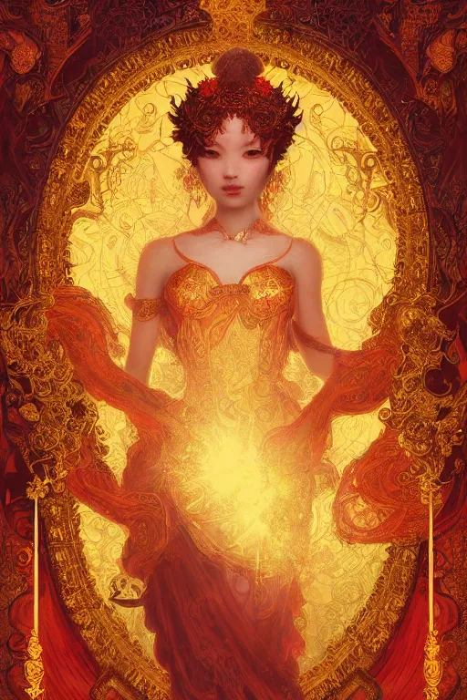 Image similar to tarot card artstation, portrait of an asian love dancer, sunrise, baroque ornamnet and rococo ornament, ancient chinese ornate, hyperdetailed, beautiful lighting, craig mullins, mucha, klimt, yoshitaka amano, red and gold and orange color palatte