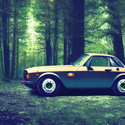 Prompt: fiat 1 2 4 in the dark forest, night, headlights are on, professional photography, vaporwave