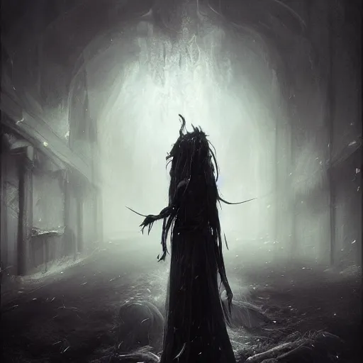 Image similar to 3 d rendered digital art by bastien lecouffe deharme of a eldritch wraith, black spidery mist, billowing shadows and black feathers, black halo nimbus, devils horns, dante's inferno, 8 k dop dof