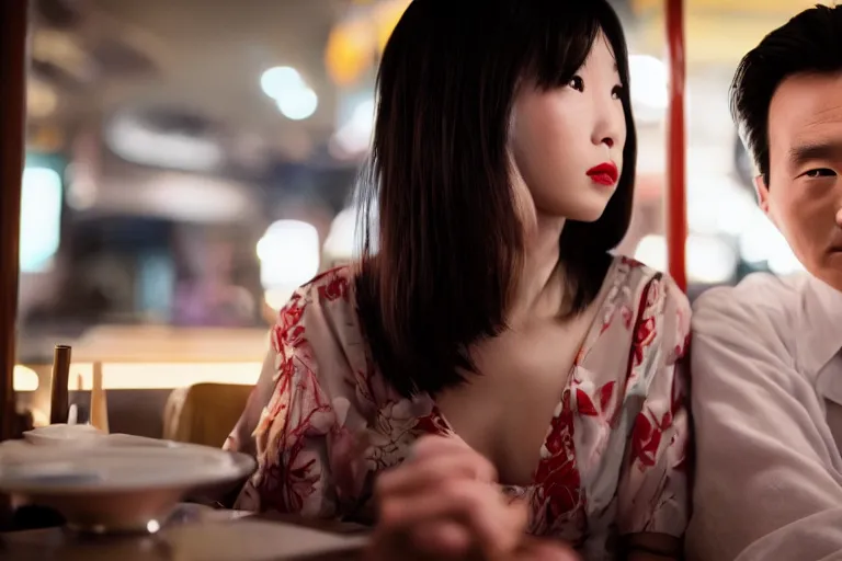 Prompt: movie interior closeup beautiful Japanese model couple closeup sitting and talking at 50s diner, night in the city, beautiful skin, by Emmanuel Lubezki