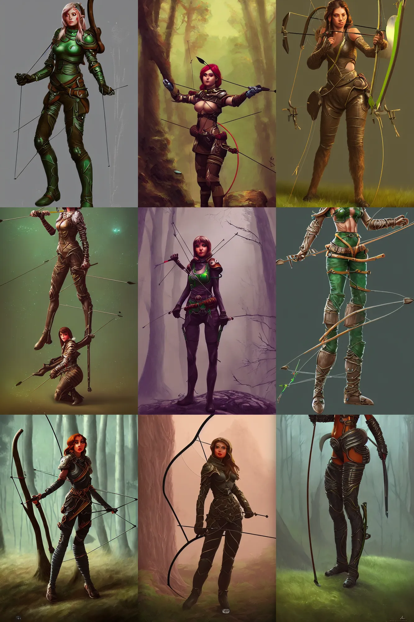 Prompt: Female forest archer, retro-futuristic armor, DND, D&D, matte painting, artstation