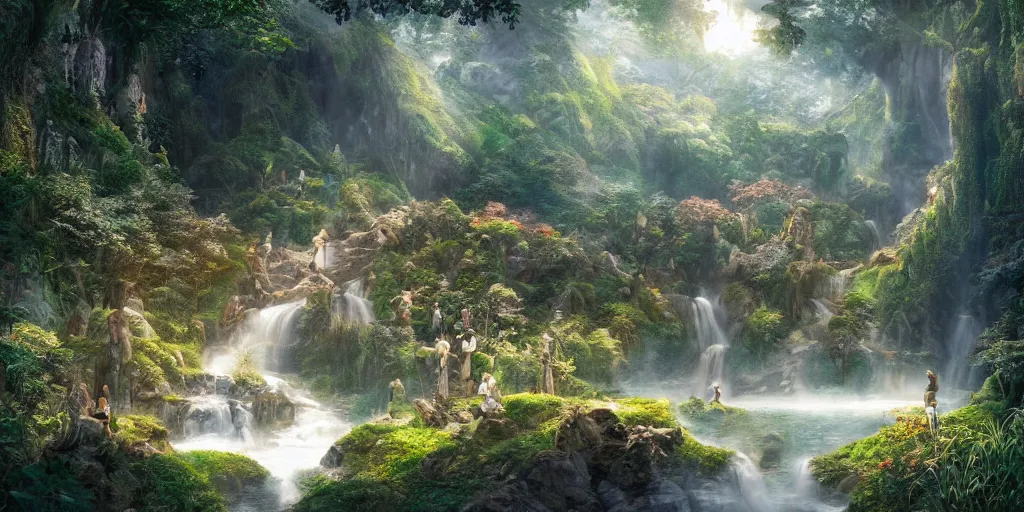 Prompt: lush and beautiful concept art for rivendell, lord of the rings, peter jackson, studio ghibli, detailed, realistic lighting, volumetric lighting, golden hour,