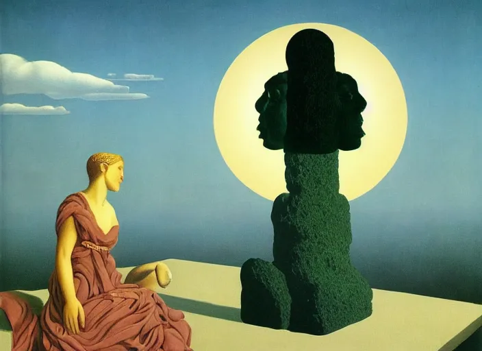 Image similar to a female goddess find forbidden knowledge by rene magritte and salvadore dali