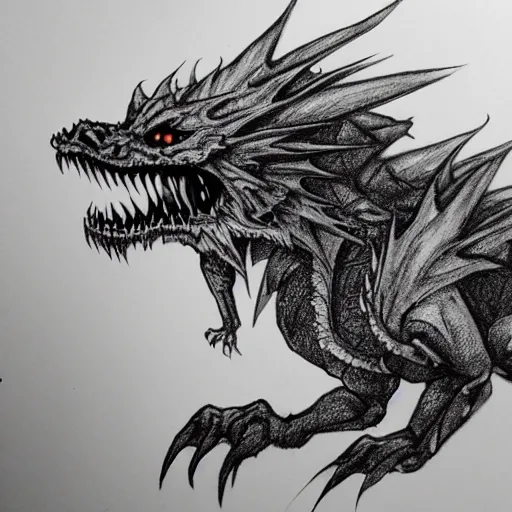 Prompt: a scary horror themed pet-dragon, drawn with charcoal and pen and ink, half-tone-line-stacking