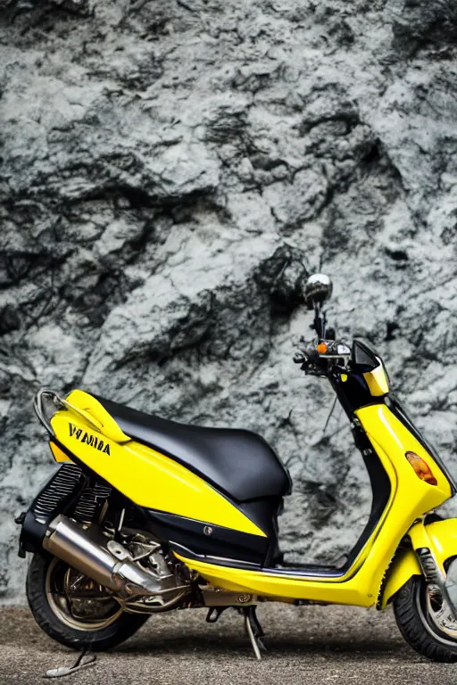 Image similar to yamaha dio with yellow, carbon and white paintjob, mountainroad background, midday, 5 0 ccm engine, race style, custom scooter, dslr, 8 5 mm, f / 1. 3