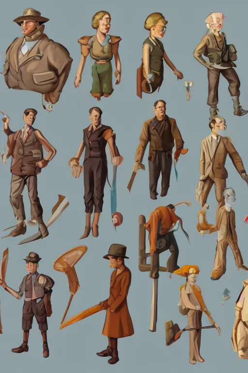 Prompt: game asset sheet, material study, 2 d sprite, 1 9 3 0 s era characters from animation oil paint on cotton