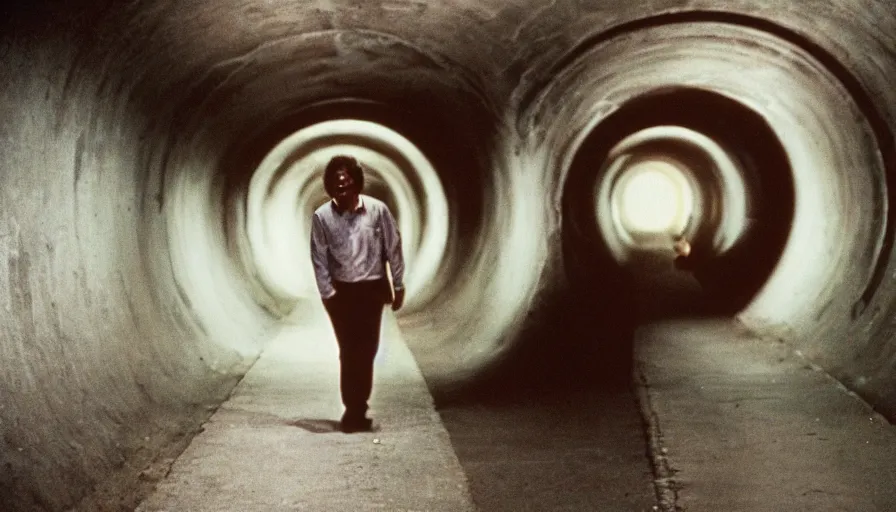 Image similar to 1 9 7 0 s movie still of a man in a tunnel of stomach, cinestill 8 0 0 t