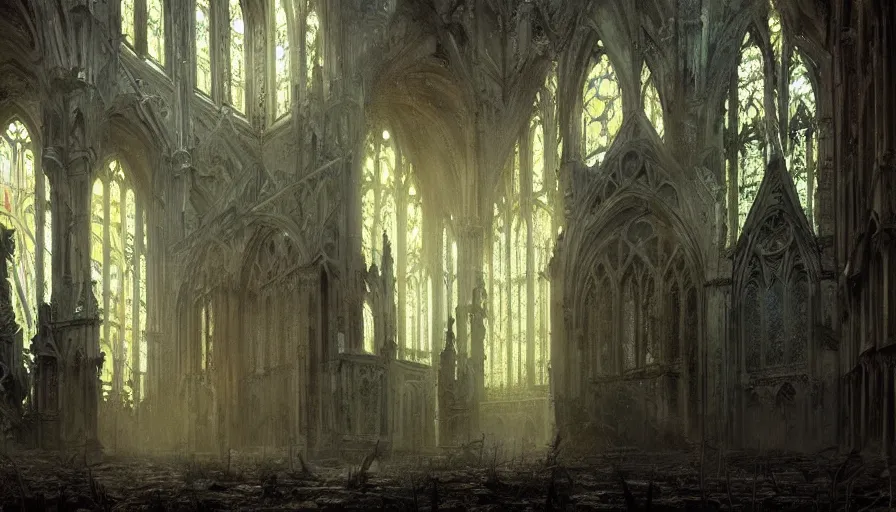 Image similar to a beautiful intricate painting of a abandoned gothic church, in dark evil fantasy forest, reflections, very high details by william turner art, greg rutkowski and alphonse mucha, trending on artstation, very very detailed, masterpiece,