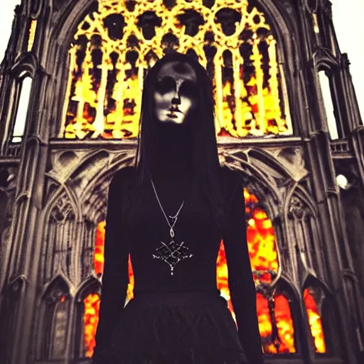 Image similar to gothic girl dressed in black, perfect face, macro head shot, behind her a gothic cathedral, perfect photo, wide lens, no decaying lines, the windows of the cathedral are reflecting red flame lights, delicate mandala intricate ornaments