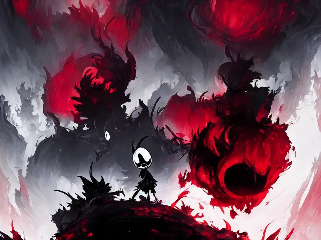 Image similar to cover art for hollow knight. Ominous. High detail. No text. Red. Bright Colors. nightmare king grimm. Sharp. 4K 8K. Detailed shapes.