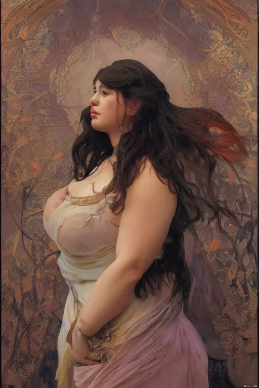 Image similar to portrait of a beautiful chonky young female warrior in the middle of a fight as drawn by by loish, alphonse mucha, thomas moran, mandy jurgens, fashion photography 8 k subsurface scattering, soft light