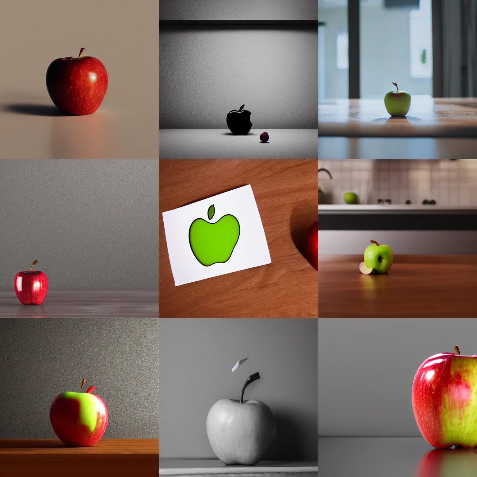 Prompt: a clsoe up of a lone apple sitting on a counter photo - realistic dynamic lighting