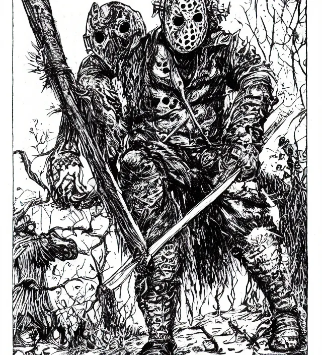 Image similar to Jason Voorhees as a D&D monster, pen-and-ink illustration, etching, by Russ Nicholson, DAvid A Trampier, larry elmore, 1981, HQ scan, intricate details, high contrast