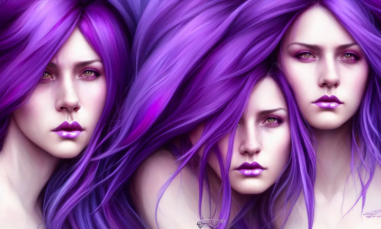 Image similar to Purple hair relistic Portrait of a three woman with bright colored flying hair, all shades of purple. Beauty face, Hair coloring, fantasy, intricate, elegant, highly detailed, digital painting, artstation, concept art, smooth, sharp focus, illustration, art by artgerm and greg rutkowski and alphonse mucha