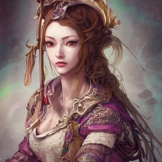 Image similar to studio portrait of neutral good colorful female cleric bard healer as absurdly beautiful, elegant, young skinny gravure idol, ultrafine hyperdetailed face illustration by kim jung gi, irakli nadar, intricate linework, sharp deep focus, bright colors, octopath traveler, final fantasy, unreal engine highly rendered, global illumination, radiant light, detailed and intricate environment