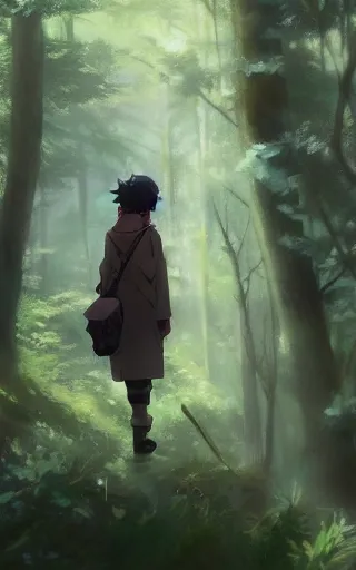 Image similar to anime character in the woods, hyperrealistic, trending on pixiv fanbox, painted by greg rutkowski makoto shinkai takashi takeuchi studio ghibli, akihiko yoshida