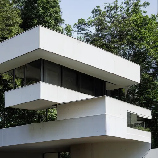 Prompt: second story cantilevered white brutalist elevated home on top of 2 large oblong piers