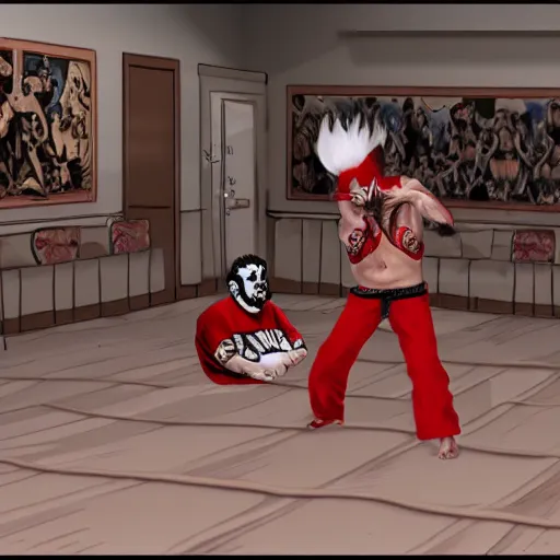 Prompt: Juggalo karate match to an audience of toilets 4K ultra detail photorealistic