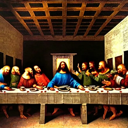 Prompt: in The Last Supper by Leonardo da Vinci, Jesus is eating a large delicious hamburger that has a beef patty, lettuce, and tomato