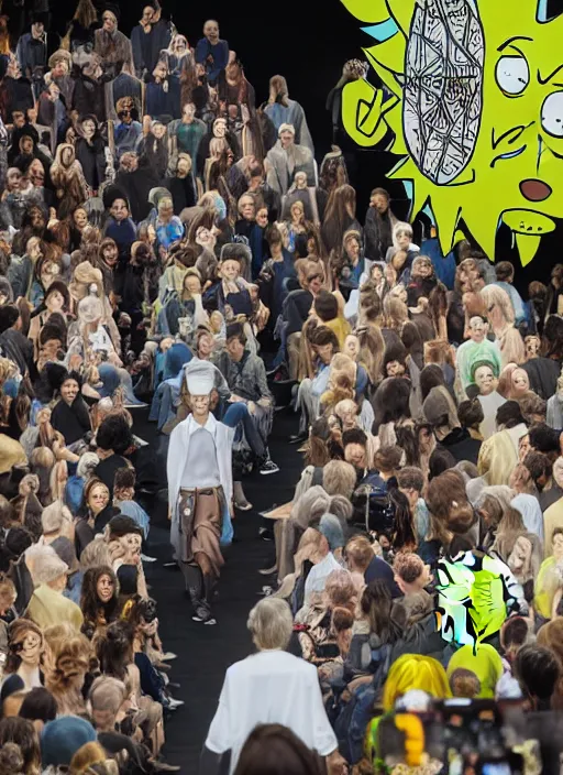 Image similar to hyperrealistic and heavy detailed Louis Vuitton runway show of rick and morty , Leica SL2 50mm, vivid color, high quality, high textured, real life