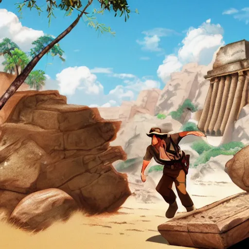 Image similar to Indiana Jones being chased by a boulder trap, boulder chase, underground sandstone temple background, giant round stone chasing Indiana Jones, raiders of the lost ark, detailed background, anime key visual