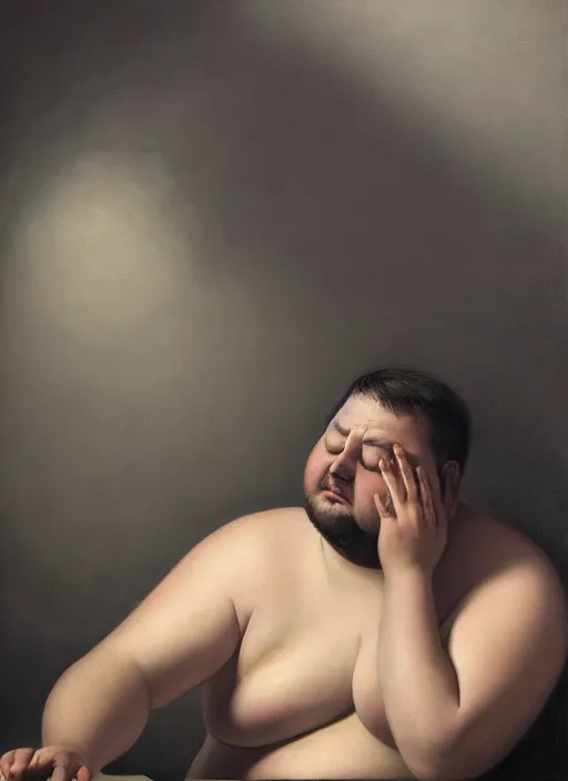 Image similar to insanely detailed chiaroscuro image of a sleepy - looking chubby casually - dressed tired programmer guy on his knees facing his glowing ultrawide monitor monitor begging it for forgiveness, oil on canvas, masterwork, fine detail, trending on artstation, emotive, insanely compelling, ryden, koons, moebius
