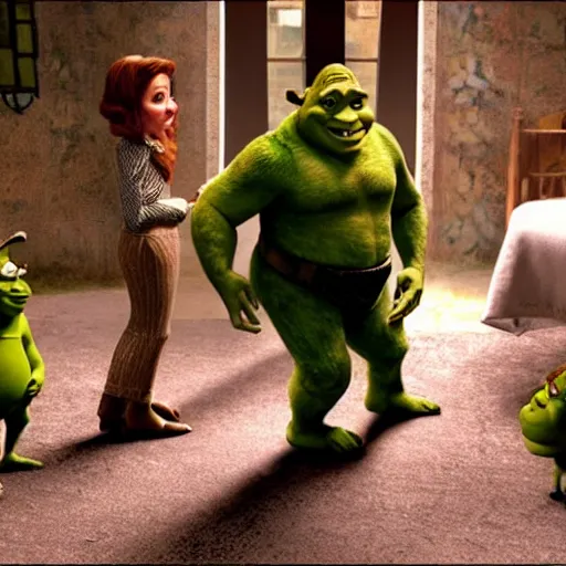 Image similar to movie still, shrek as michael in the godfather