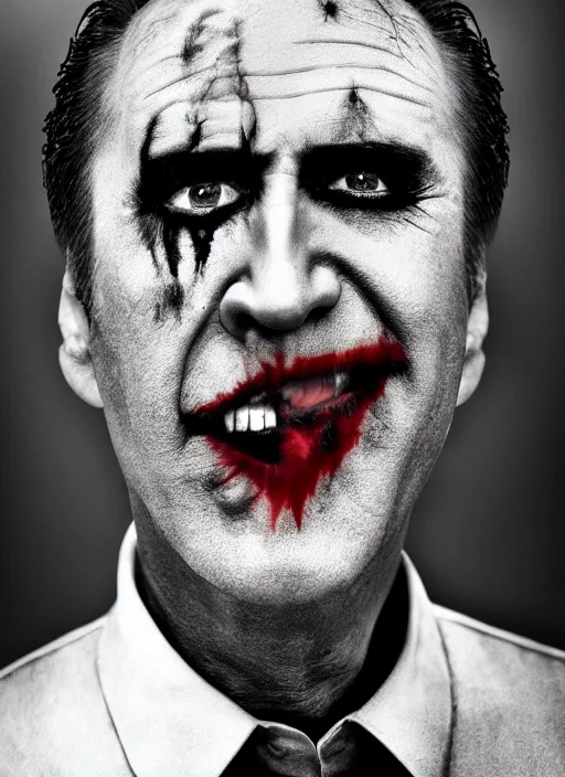 Prompt: photo of Nicolas Cage as the Joker by Lee Jeffries, smiling, detailed, award winning, Sony a7R