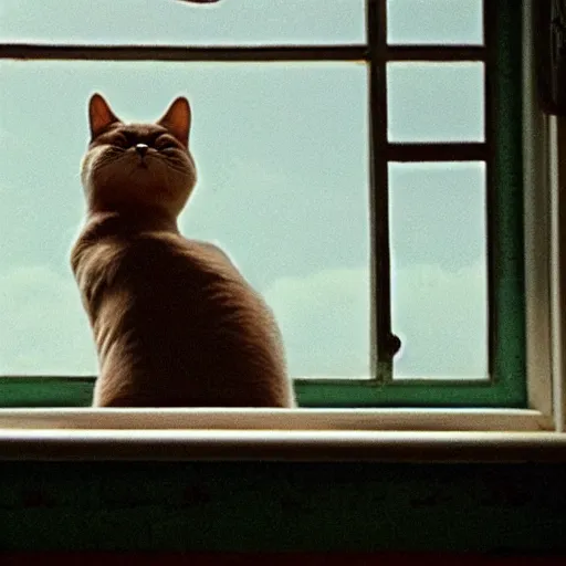 Prompt: cat looking to the window, movie frame by wes anderson.