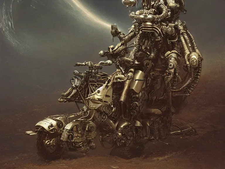 Prompt: a futuristic motorbike on an alien planet by beksinski carl spitzweg and tuomas korpi. baroque elements. baroque element. intricate artwork by caravaggio. Oil painting. Trending on artstation. 8k