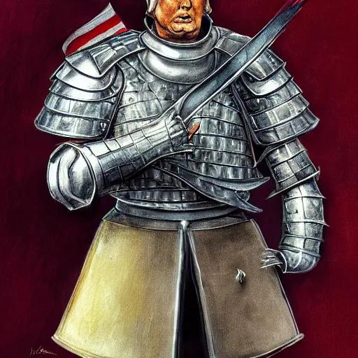 Prompt: donald trump, knights armor, one broadsword, by hans holdein, donald trumps highly detailed handsome face, two arms, two legs, knights armor