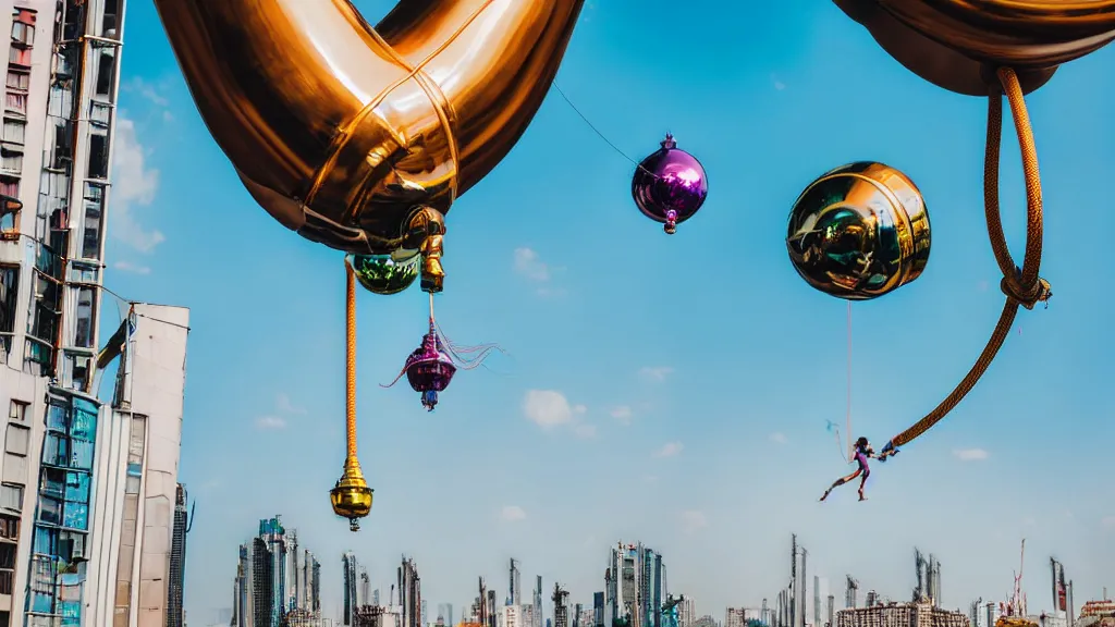 Image similar to large colorful futuristic space age metallic steampunk balloons with pipework and electrical wiring around the outside, and people on rope swings underneath, flying high over the beautiful futuristic city landscape, professional photography, 8 0 mm telephoto lens, realistic, detailed, photorealistic, photo journalism