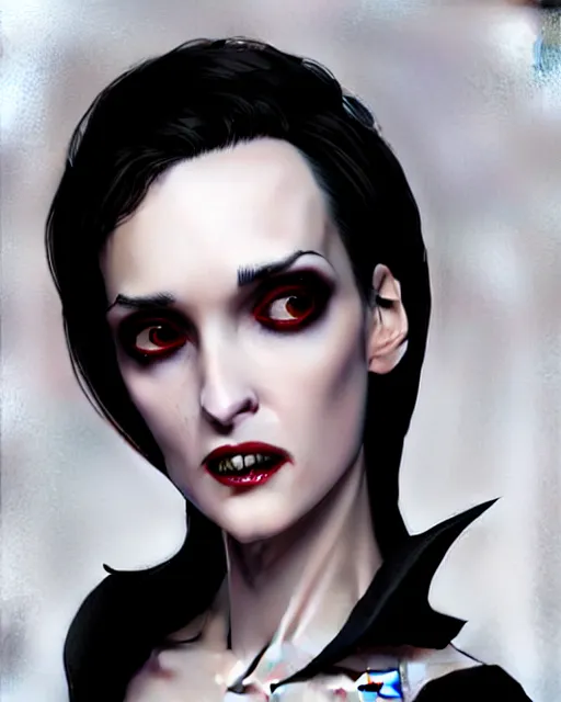 Image similar to gorgeous female Winona Ryder vampire sharp teeth in a confident dress, full body, realistic character concept, medium shot, elegant pose, horror, illustration, slender symmetrical face and body, symmetrical eyes, artstation, cinematic lighting, hyperdetailed, Tom Bagshaw, artgerm, Norman Rockwell, Charlie Bowater, single face, insanely detailed and intricate, beautiful, elegant, dark blue background