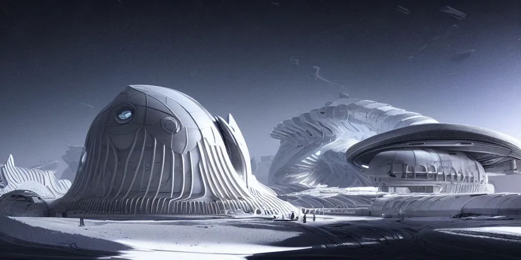 Image similar to futuristic space station in the snowy mountains 3 d concept art, cinematic lighting, intricate details, building by zaha hadid, pastel sunset, emissary space by arthur haas and bruce pennington and john schoenherr, cinematic matte painting, dark moody monochrome colors, trending on artstation, featured on behance