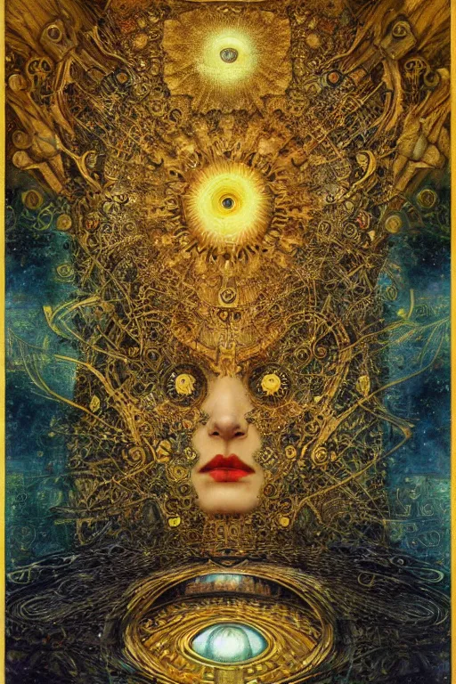 Prompt: Divine Machinery of Fate by Karol Bak, Jean Deville, Gustav Klimt, and Vincent Van Gogh, enigma, destiny, otherworldly, fractal structures, arcane, prophecy, ornate gilded medieval icon, third eye, spirals