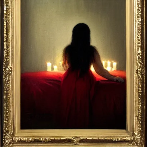 Image similar to girl with long black hair, in backless red dress, backview, sitting on edge of bed, in a candle lit room, by jeremy lipking, tim rees, joseph todorovitch